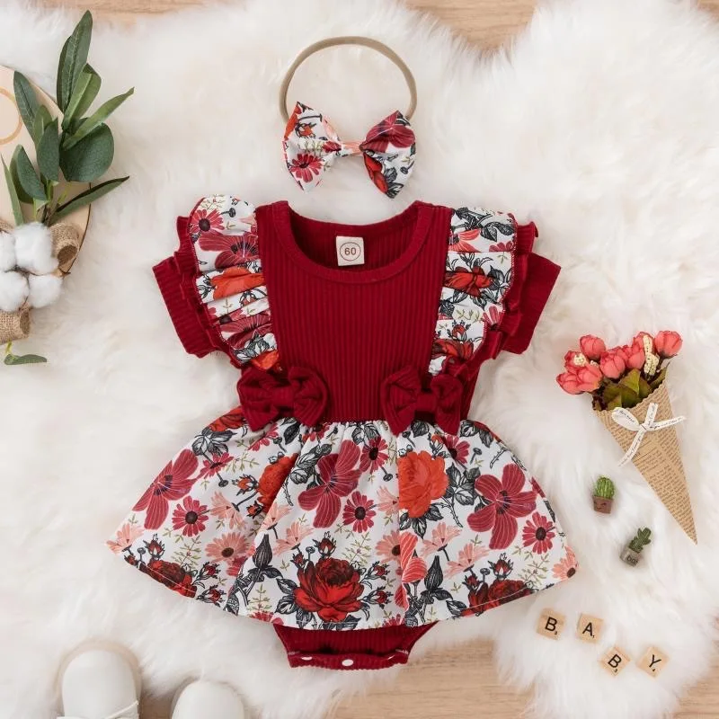 Hot Sale Summer Baby Girls Short Sleeve Romper Dress Infant Flower Jumpsuit With Hairband Fashion Baby Newborn Princess Clothes