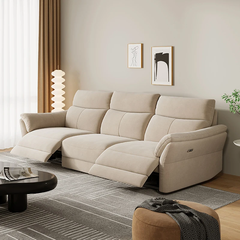 Modern Simple Small Space Living Room Recliner Electric Sofa Smart with Cup Holder with USB 3 Seater Khaki Fabric Recliner Sofa
