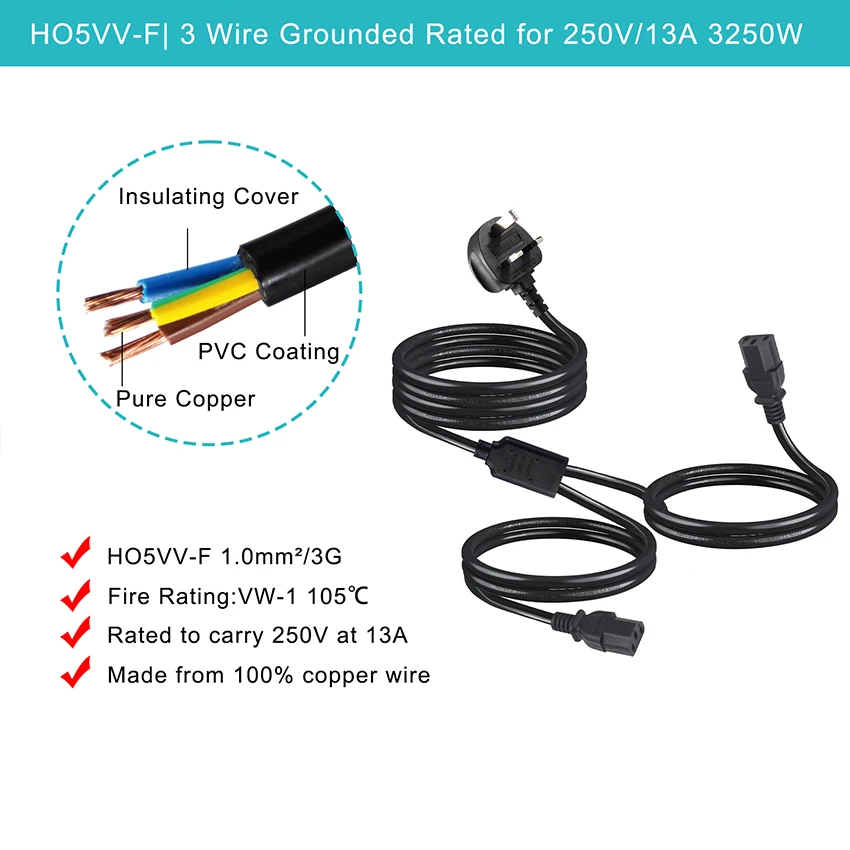 Heavy Duty Extension Appliances H05vvh2f 250V Replacement Retractable For Dryer Hair Flat Iron Power Cord C13