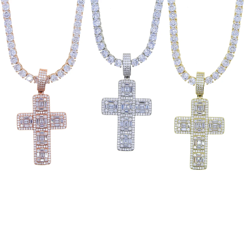 5A 5MM CZ Tennis Chain Diamond Cross Pendant Necklace