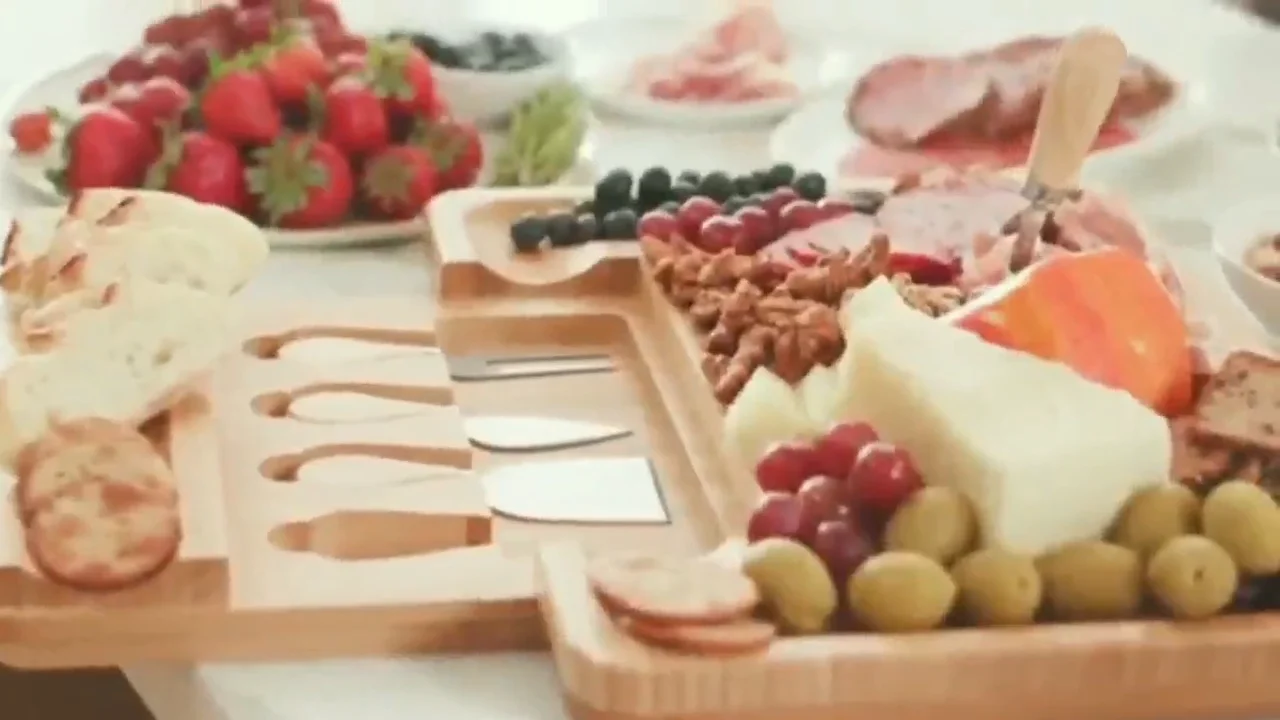 Large Bamboo Cheese Cutting Board Set And Knife Set With Hidden Slide