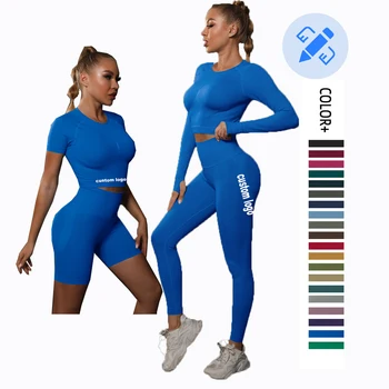 Seamless Women Yoga Set 4 PCS Workout Sportswear Gym Clothes Fitness Long Sleeve High Waist Leggings/ Crop Top and Shorts Set