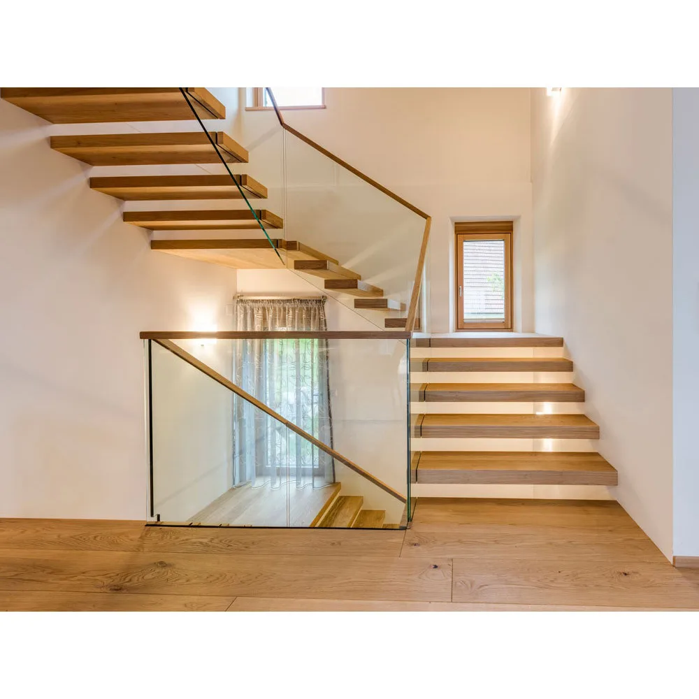 Modern Double Stringer Steel Staircase Design Wood Steps U Shaped Staircase Glass Railing