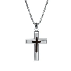 Classic Religious Style Charms Men's Ebony Wooden Pendant with Double Cross Stainless Steel and Customizable Wood Inlay