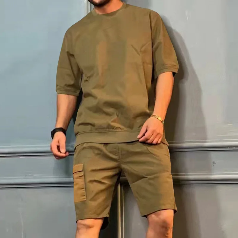 Linéaire D'été Pour Hommes À La Mode Décontracté Short T-Shirt Survêtement 2 Pièces Ensembles Courts876_voghion.com