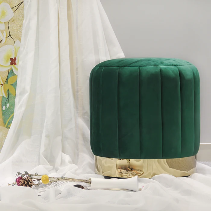 2021 Modern Space Saving Velvet Prouf Round Green Fabric Storage Ottoman