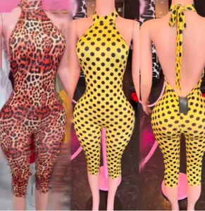 Viviblook Z417JP01 Summer New Women Sleeveless Halter Sexy Bodysuit Short Rompers Leopard Pattern Knitted Casual Jumpsuit