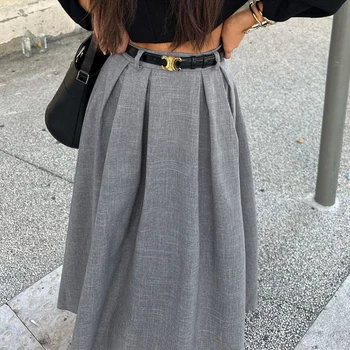 Xinqiao Jupe longue plissée métallique brillante taille haute pour femme, Argenté., L