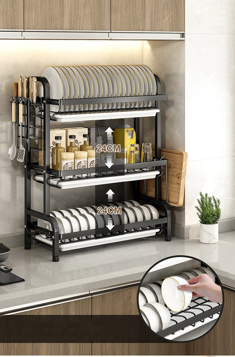 Customization Kitchen Countertop Cambond Iron 3 Tier Dish Rack With Drain Board supplier