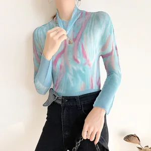 High Quality Wholesale Factory Miyake Pleated Print Top Women Casual Style Shirt Pleats Long-Sleeved T-shirt