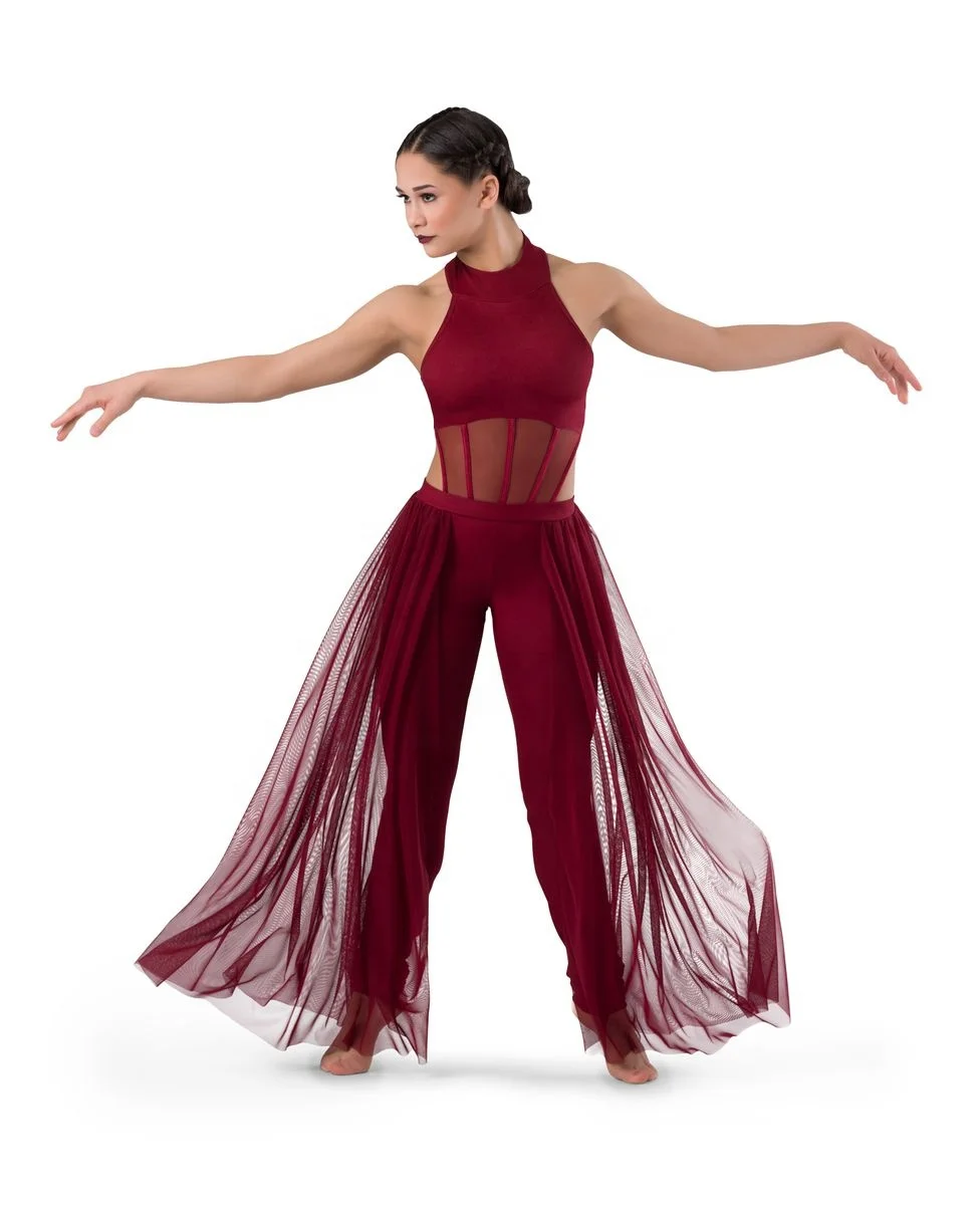 Spandex Mesh Halter Unitard Mesh Midriff Mesh Leg Panels Competition Dance Leotard Ballroom Contemporary Lyrical Dance Costume