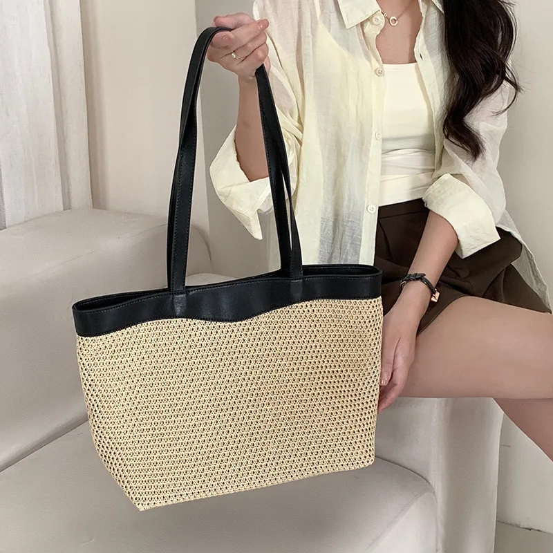 Autumn All Seasons Straw Tote Bag Women Lattice Large Woven Open-ended Polyester Cotton Lining Single-Shoulder Daily Use