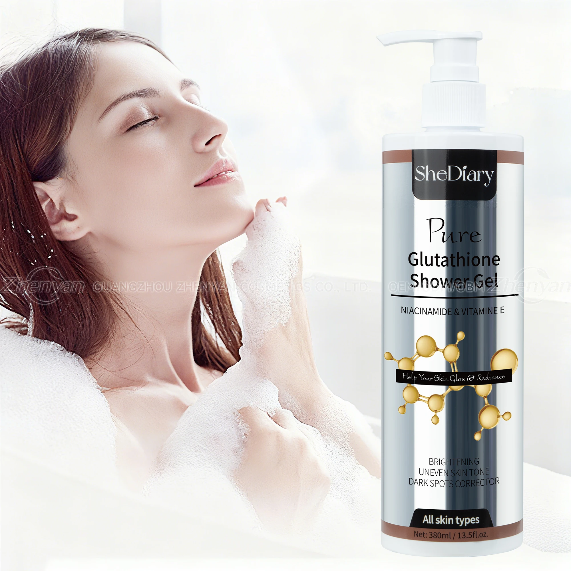 glutathione whitening body wash Private Label Dual 380ml Niacinamide Vitamin E Brightening Shower Gel OEM ODM Manufacturer The Biological Functions of show-bis Flavor:MANGO