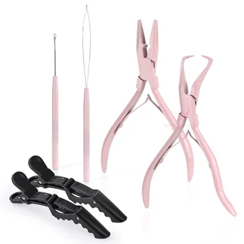Pink Color Hair Extension Tools Set With Micro Ring Applicator Plier, Hair Loop And Hook Tools, Alligator Hair Clips