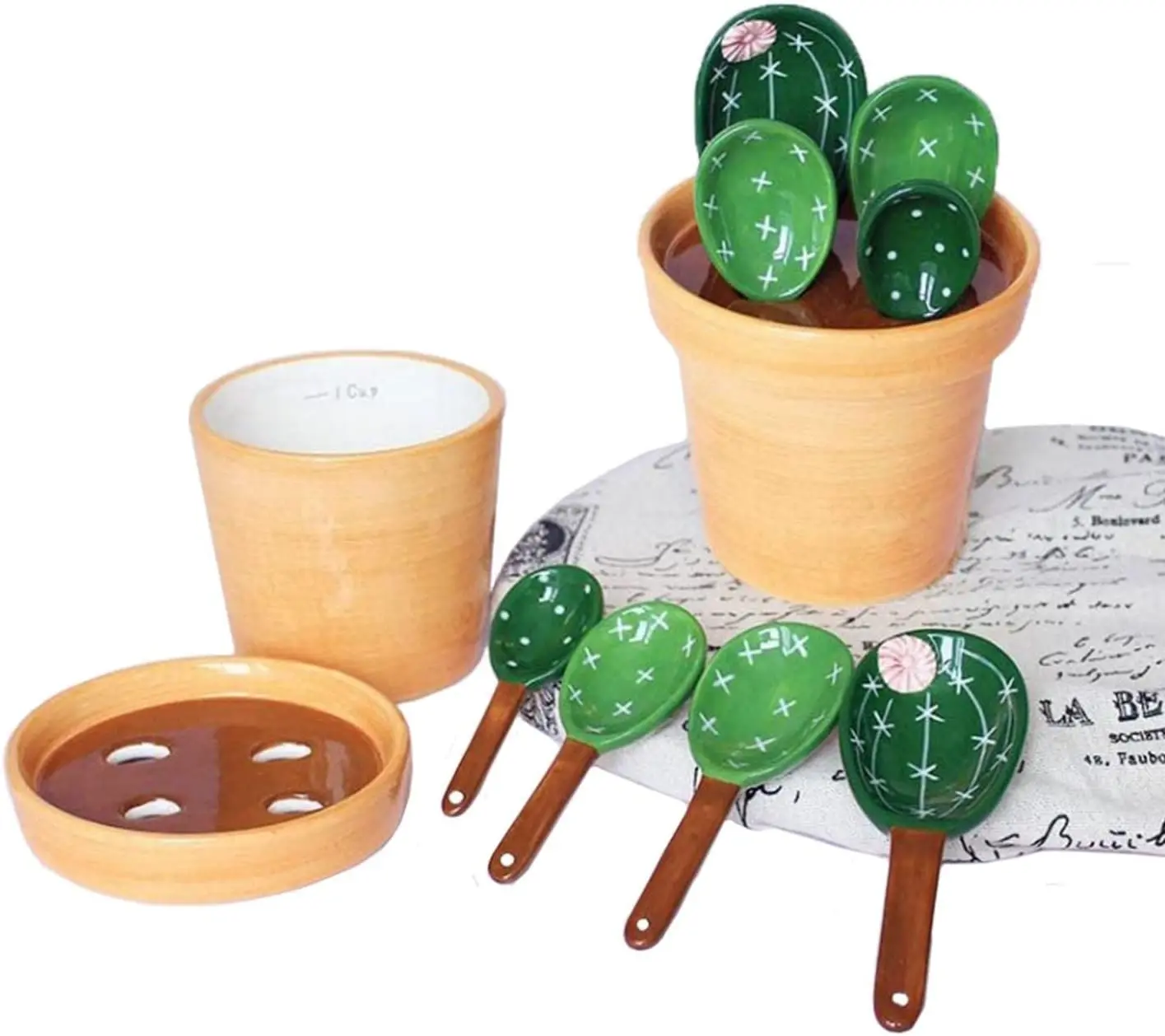 Cute Ceramic Cactus Measuring Spoons And Cups Set With Holder