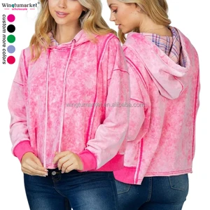 Custom logo Pullover Hoody Plaid Hood Tie Dye French Terry Oversized Sweatshirt Acid Wash Hoodies Women