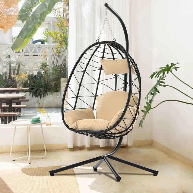 Modern Homecome Outdoor Furniture Carton-Packed Foldable PE Rattan Hanging Egg Swing Chair with Stand for E-Commerce Use