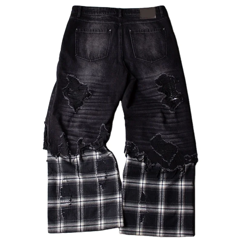 Salati Manufacturer Splicing Plaid Stone Wash Ripped Straight Distressed Bootcut Streetwear Baggy Flared Jeans Denim Pant Men
