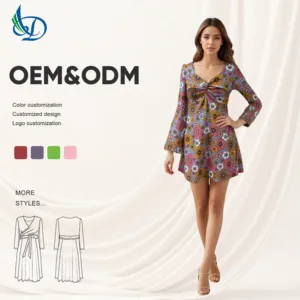 Trendy Sweet Floral Pattern Knee-Length Dress Women Elegant Loose Beach Casual Autumn Summer Custom Fashion Wholesale Ruched