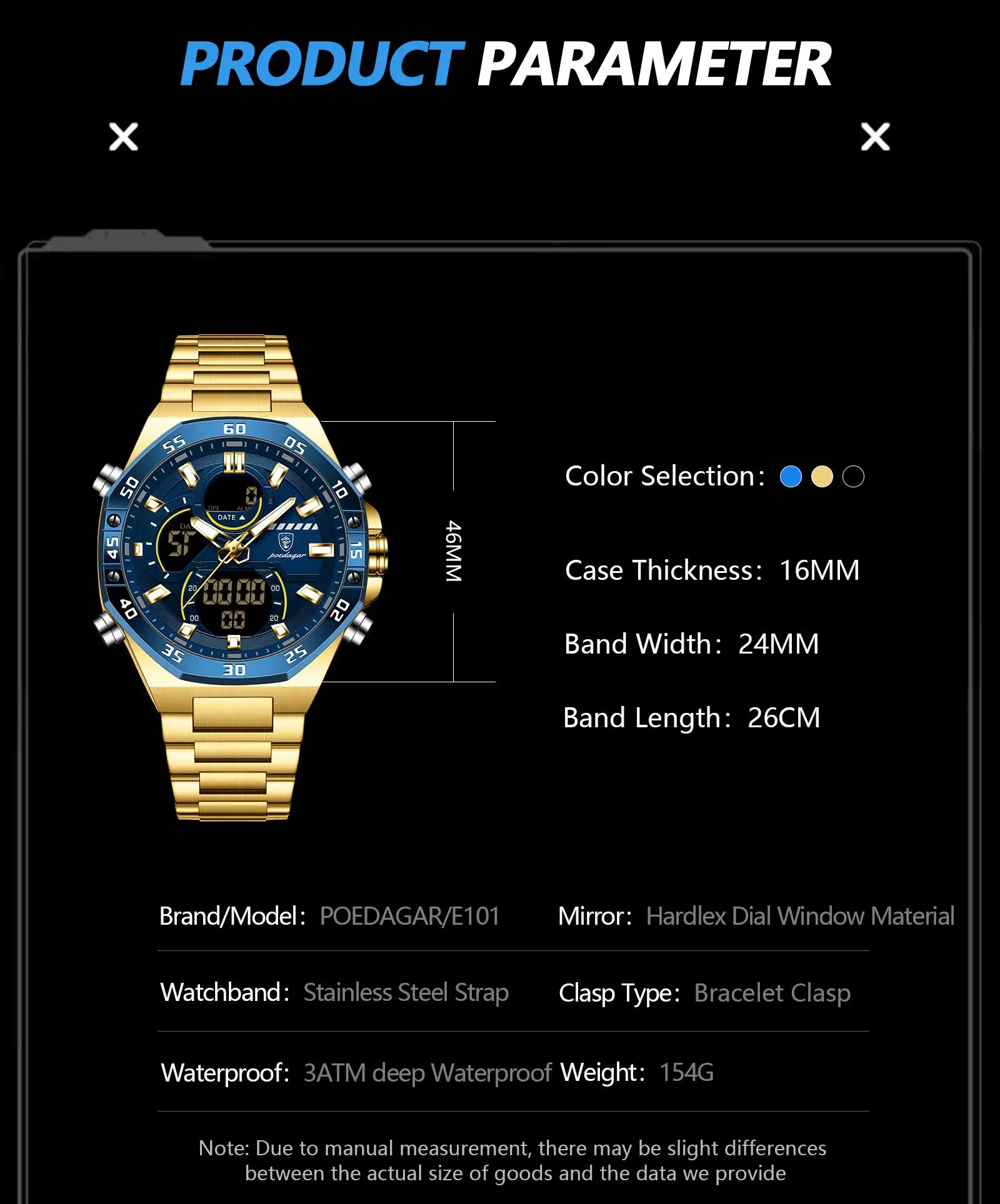 POEDAGAR E101 correa de Acero Inoxidable marca de doble pantalla