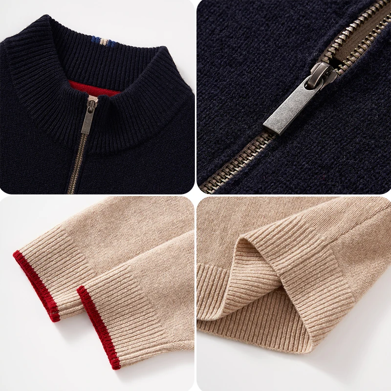 Custom Logo Design Oem Odm Turtleneck Striped Ribbed Men's 100% Wool Knitted Pullover Half Zip Sweater