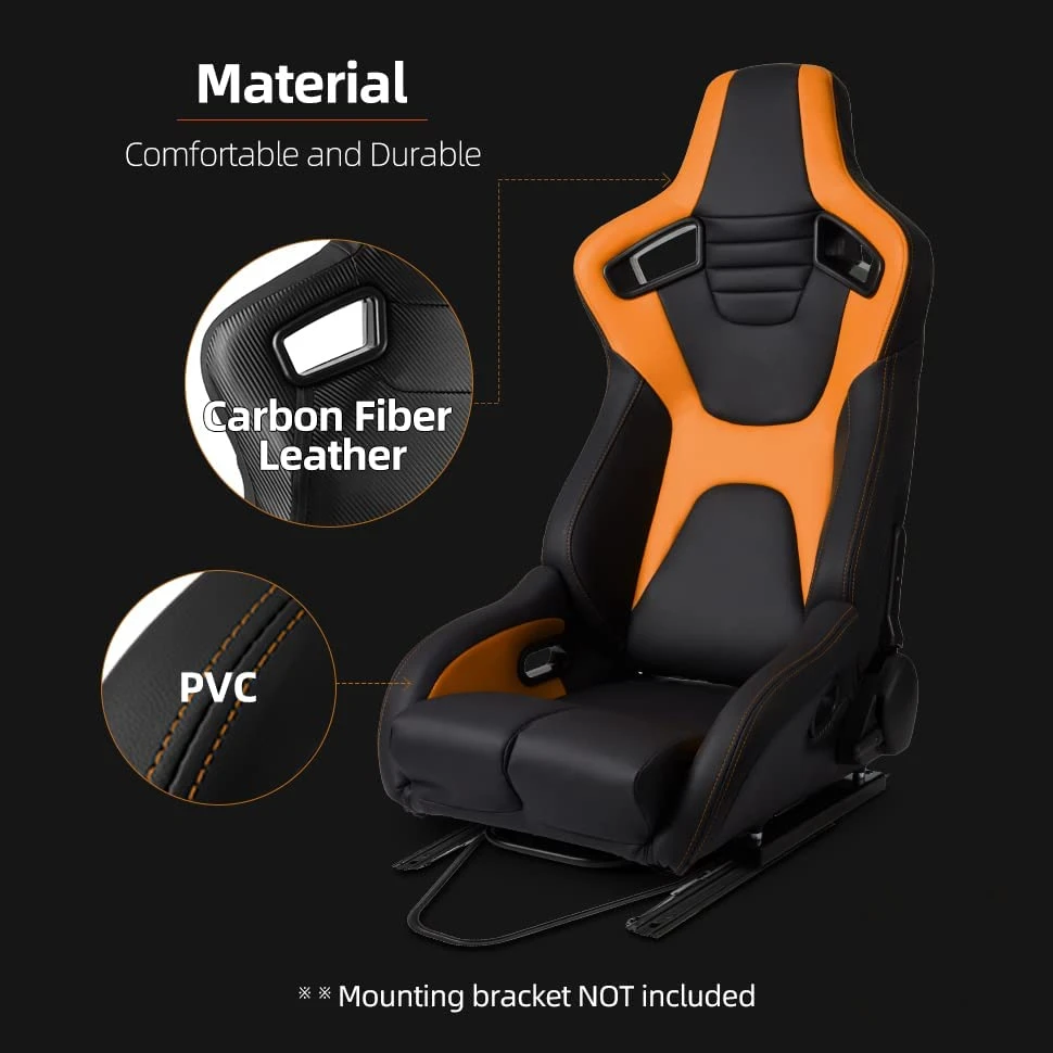 Racing Seat All Black Siulator Leather, Universal Racing Seats with Dual Sliders, Reclinable