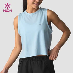 HUCAI OEM Custom logo Lightweight Split Hem Sweat-wicking Loose Fit Gym Cropped Running Singlet Training tank Top Women