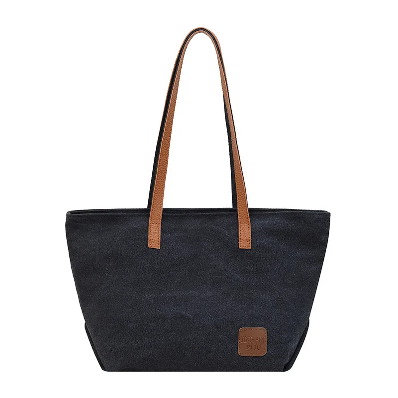 Factory Durable Retro Washed Canvas Ladies Shoulder Bag Women Vintage Solid Color Custom Tote Bag with Pu Handle Zipper Closure