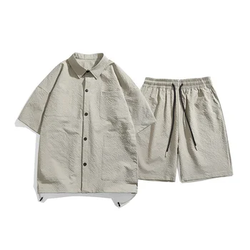 2024 new summer shirt suit for men, loose fit, simple casual short-sleeved shorts, buttoned drawstring design