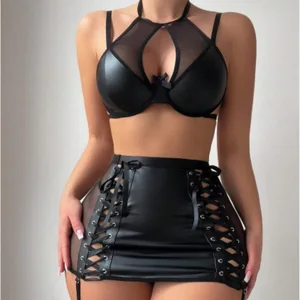 Sexy PU Leather Women Lingerie Set 4 Pcs Bra and Skirt with Garter Panties Set Sexy  Push up Bra Set Transparent Underwear Net