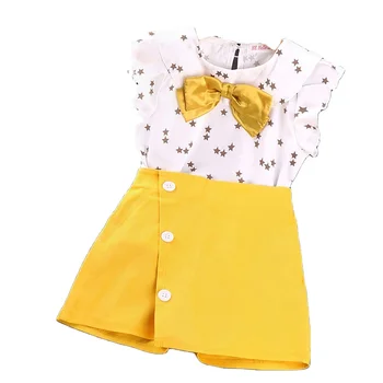 Bulk Wholesale Kids Clothing White And Yellow Girls Fashion 2 Piece Dress Set For Summer