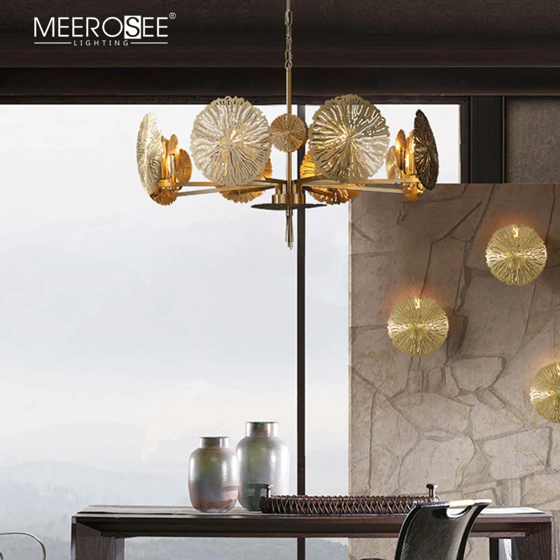 MEEROSEE Luxury Gold Copper Pendant Light Modern Lotus Pendant Chandelier Lamp for Villa MD86736