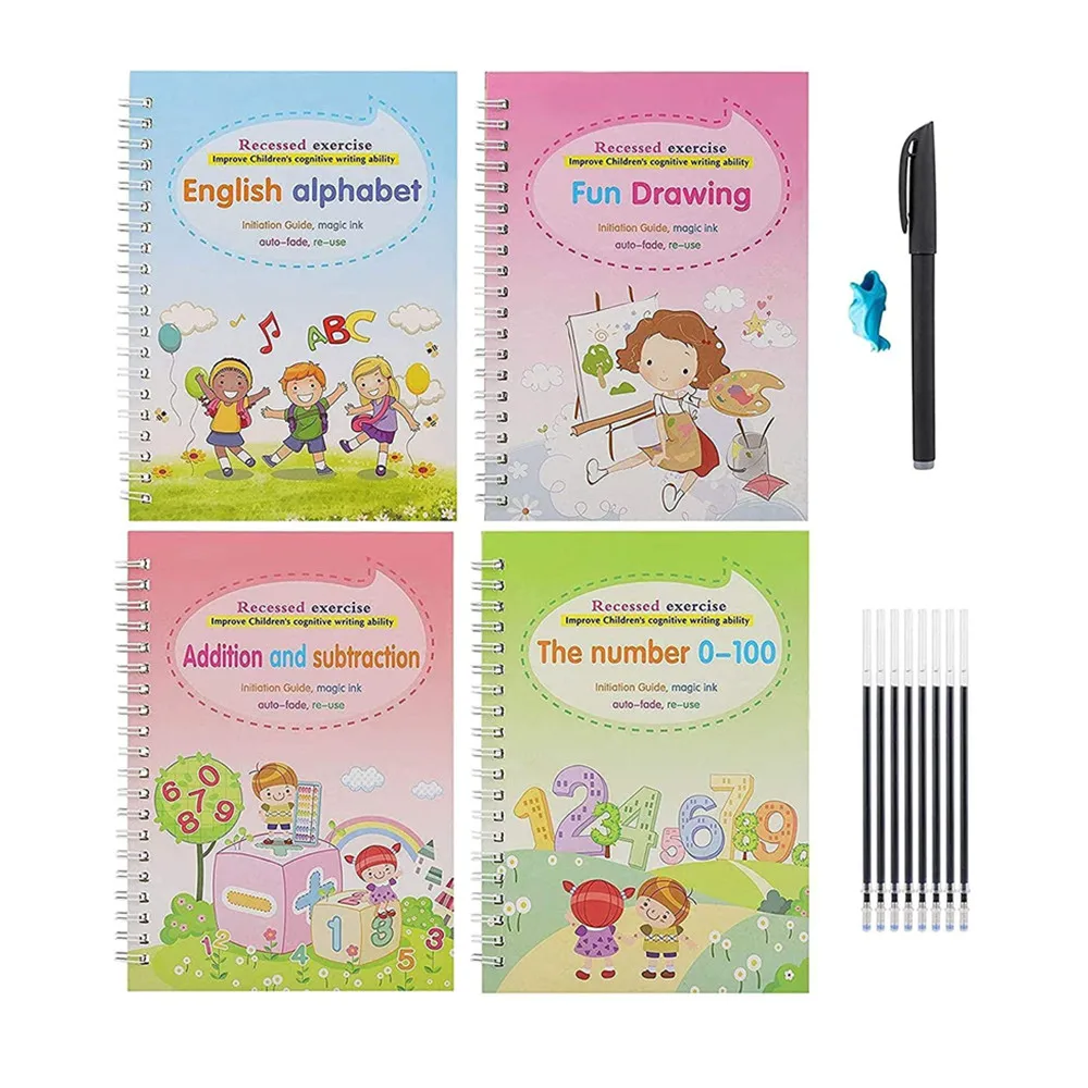 4 PC Large Magic Practice Copybook for Kids,Grooved Handwriting Workbooks,Magic Reusable Calligraphy Book to Help Children Improve Their Handwriting