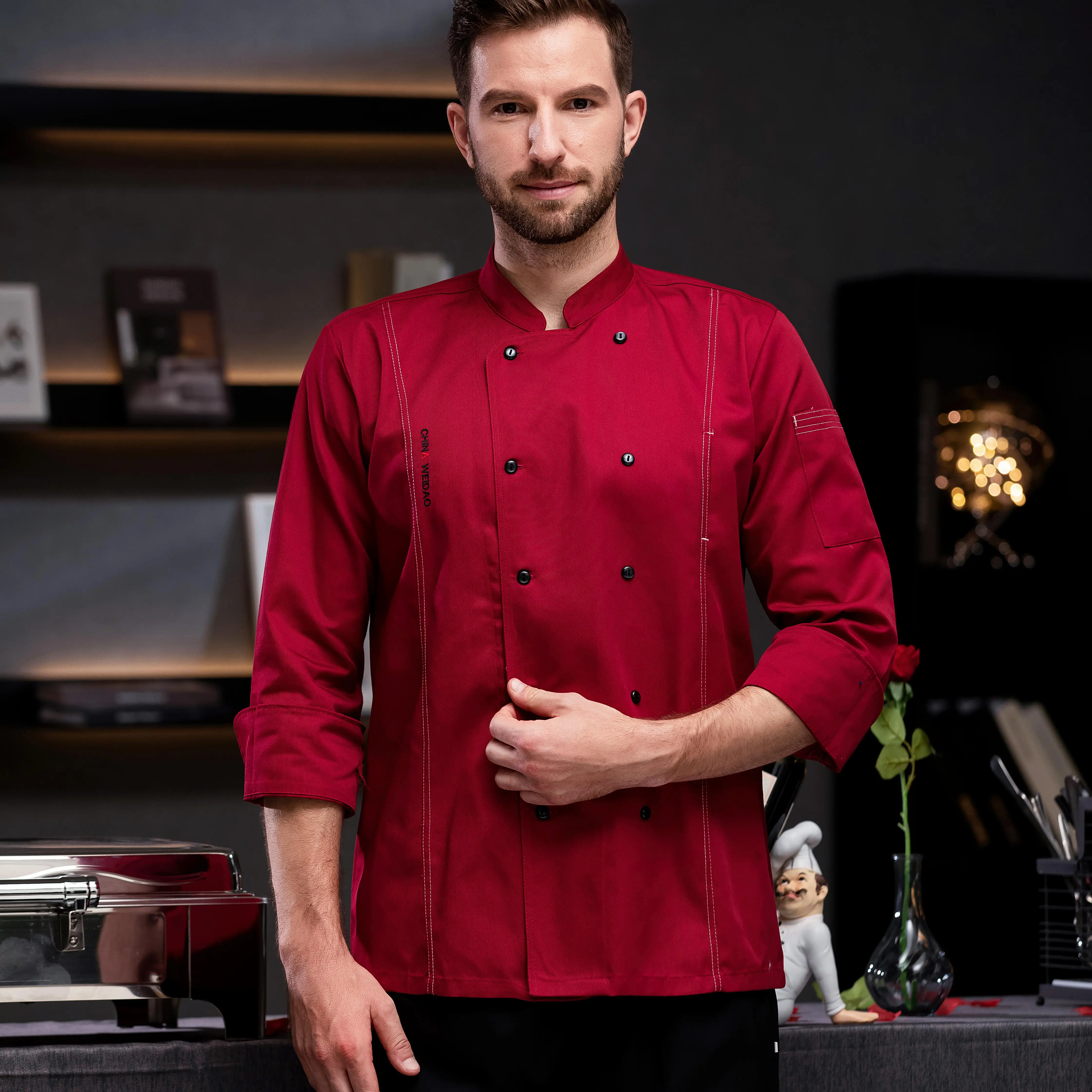Generisch Chemise d'Halloween pour homme - Veste de cuisine unisexe - Hôtel avec manches longues et boutons rouges contrastés - Veste de cuisine pour hommes et femmes - Chemise cool pour homme