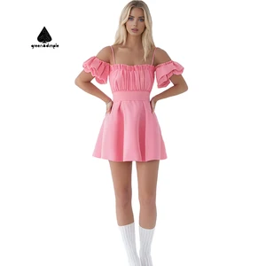 Women Pink Off Shoulder Spaghetti Strap Ruffled Sleeves Ruched Bust Mini Dress Sweet Woven Party Casual Gatherings Dress