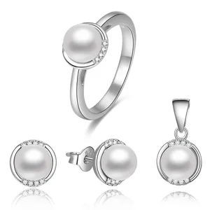 Handmade Simple Style 925 Sterling Silver Jewelry Sets Aaa Cubic Zirconia Rhodium Plated Freshwater Pearl Jewelry Set