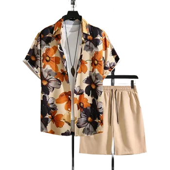 Men's Floral Print Hawaiian Casual Shirt with Drawstring Waist Shorts Vacation Buttoned Shirt Short without Tee