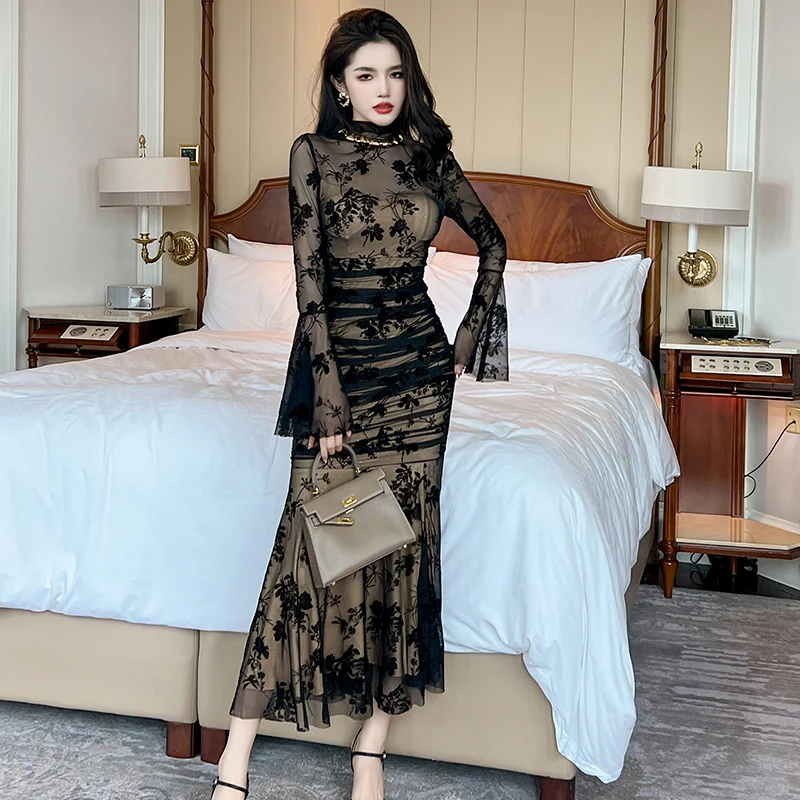 ZYHT 20743 Korean Style Floral Mesh Side Split Mermaid Dress Retro Trumpet  Sleeves Ruffle Maxi Dresses
