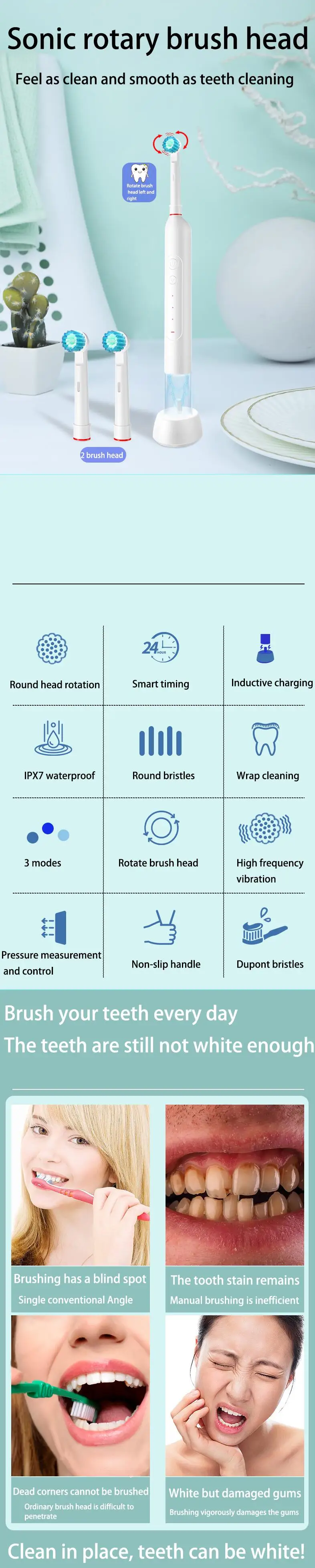 Sonic 360 Round Head Electric Toothbrush Ipx7 Waterproof Rechargeable