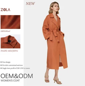 Customized Service Winter Double Sided Handmade Eco-Friendly Woolen Long Coat Belt Closure Pockets Decorated Casual Notched