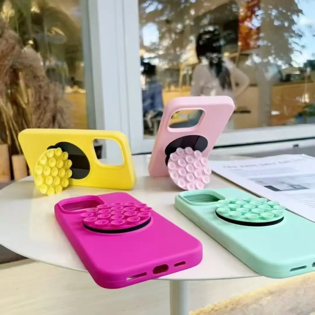 Fashionable Suction Cup Mobile Phone Stand Phone Silicone case for iPhone 16 17 Back Sticker Storage Folding Stand Phone Case