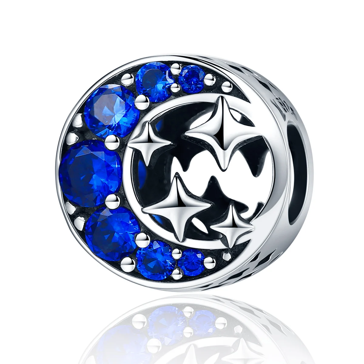 shinning star and moon beads dark blue zircon round silver