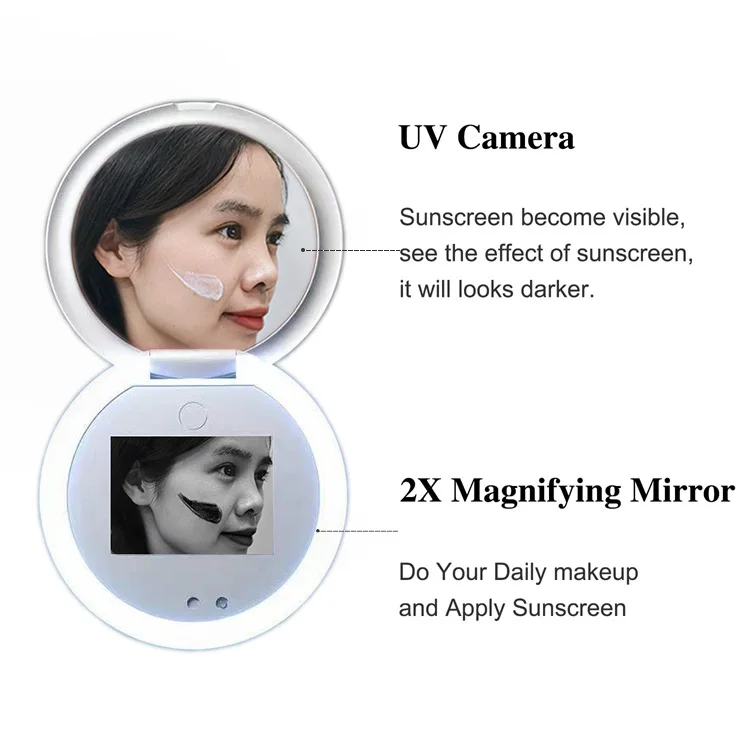 Travel Makeup Mirror 2x Magnification Portable Led Makeup Mirror Vanity Makeup Mirror With Uv Camera for Sunscreen Test