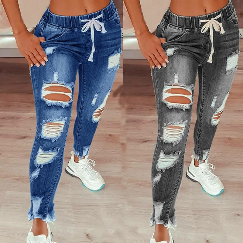 New Arrivals Plus Size Mid Waist Casual Washed Skinny Blue Denim Pencil Pants Ripped Distressed Women's Jeans