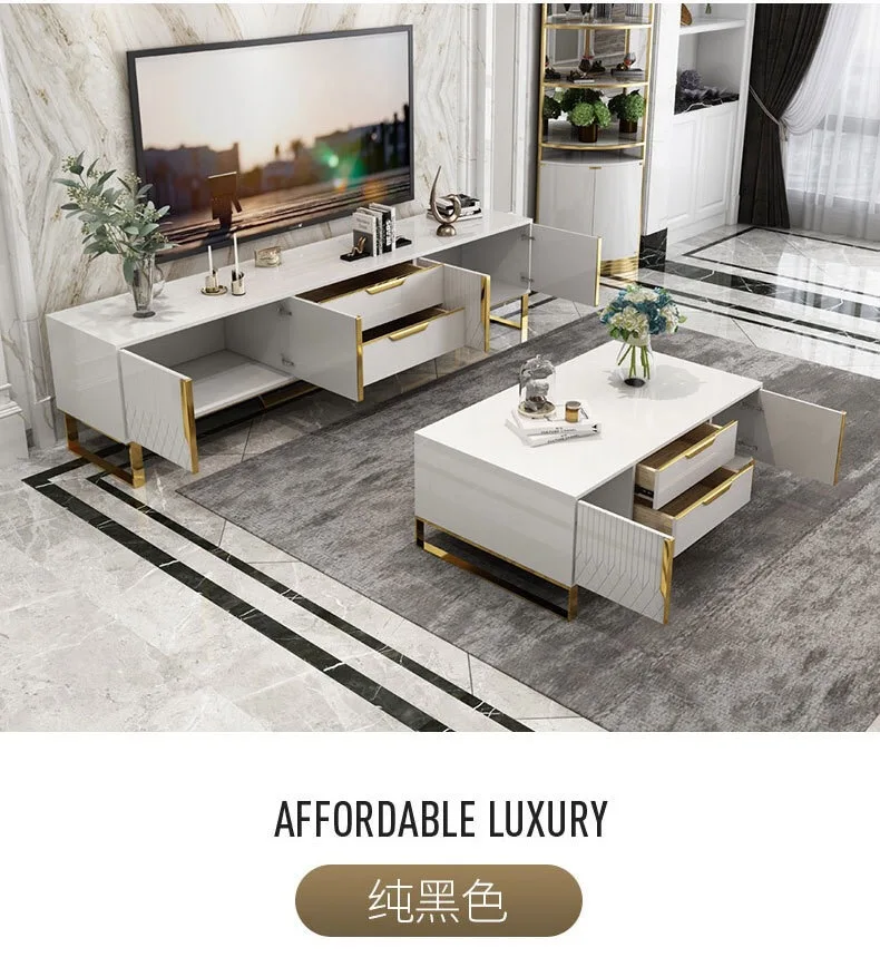Modern White Black Color Coffee Table And Tv Stand Set With Gold