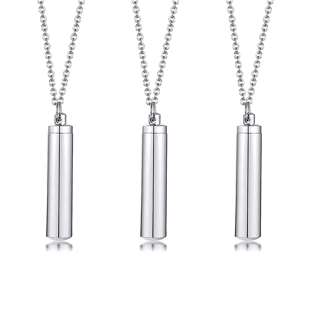 Simple Silver Color Cylinder Cremation Urn Necklace for Ashes Memorial Pendant Stainless Steel Keepsake Jewelry to Women Men