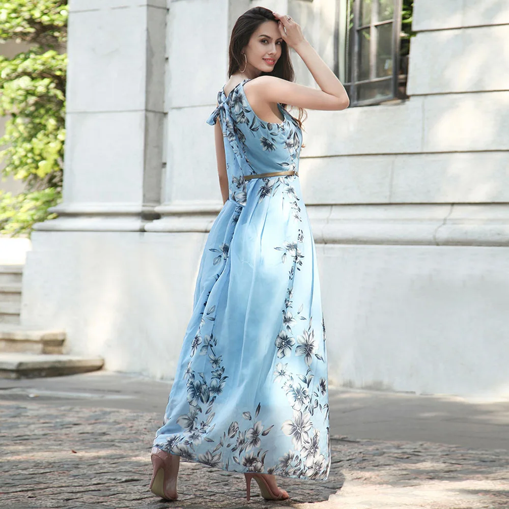 2021 Summer New Style Halter Neck Sleeveless Floral Dress Plus Size With  Waist Belt Casual Chiffon Floral Dress Women