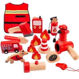 Unisex Wooden Firefighting Pretend Play Set Simulation Fire Truck Tools Interactive Cognitive Educational Learning Toys for Kids