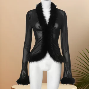 Viviblook Y25TP297 Y2K Vintage 2026 New Autumn Winter Sexy Mesh See Through Fur Long Sleeved Crop Top for Women