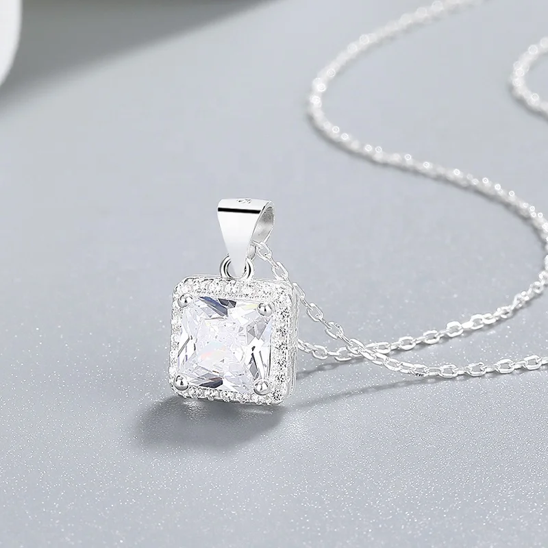 New Design Classic Customizable Square Diamond Cut Crafted Crystal 925 Sterling Silver Necklaces for Women